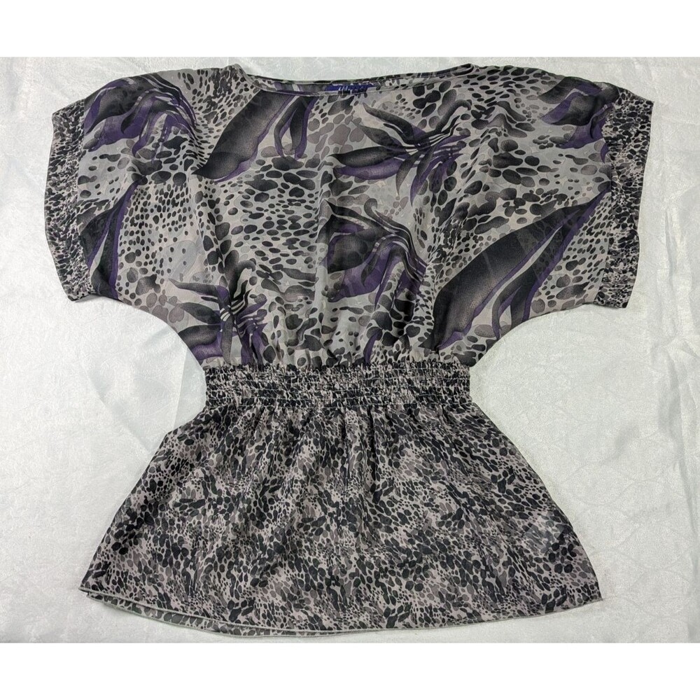 Miley Cyrus Max Azria Women's M Boho Sheer Animal Print Smocked Waist Blouse